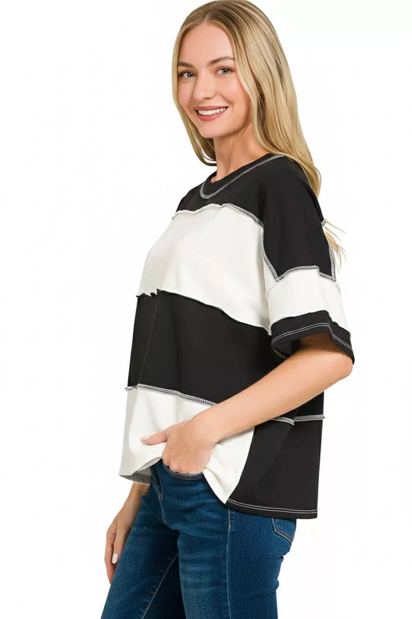 Zenana French Terry Color Block Exposed Seam Top