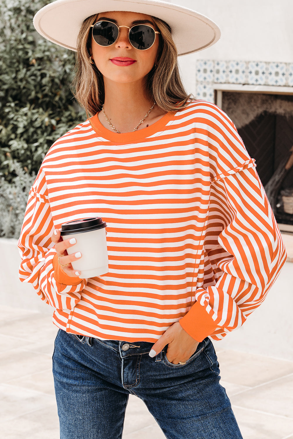 Orange Stripe Exposed Seam Drop Shoulder Casual Pullover Top